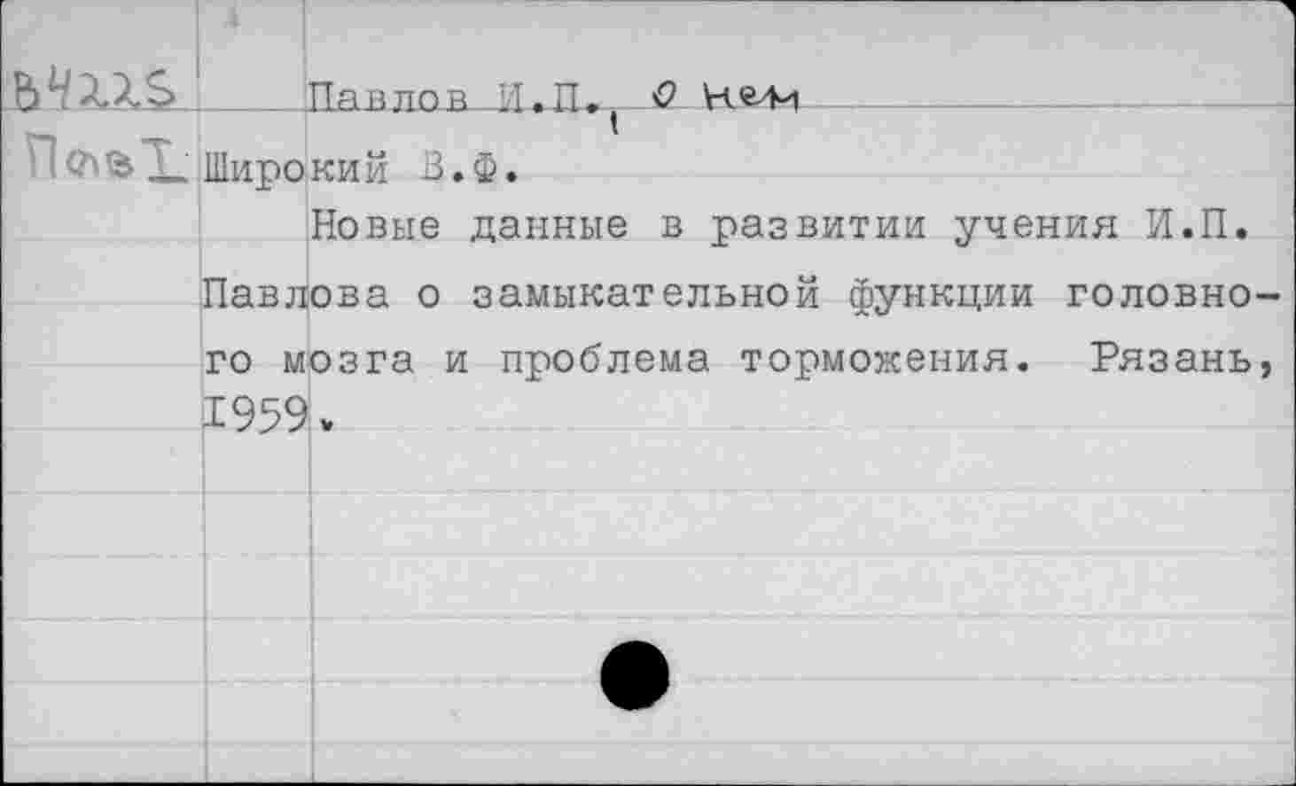 ﻿____Да в лов Н.П»,--------
Широкий В.Ф.
Новые данные в развитии учения И.П.
Павлова о замыкательной функции головного мозга и проблема торможения. Рязань, 1959 *